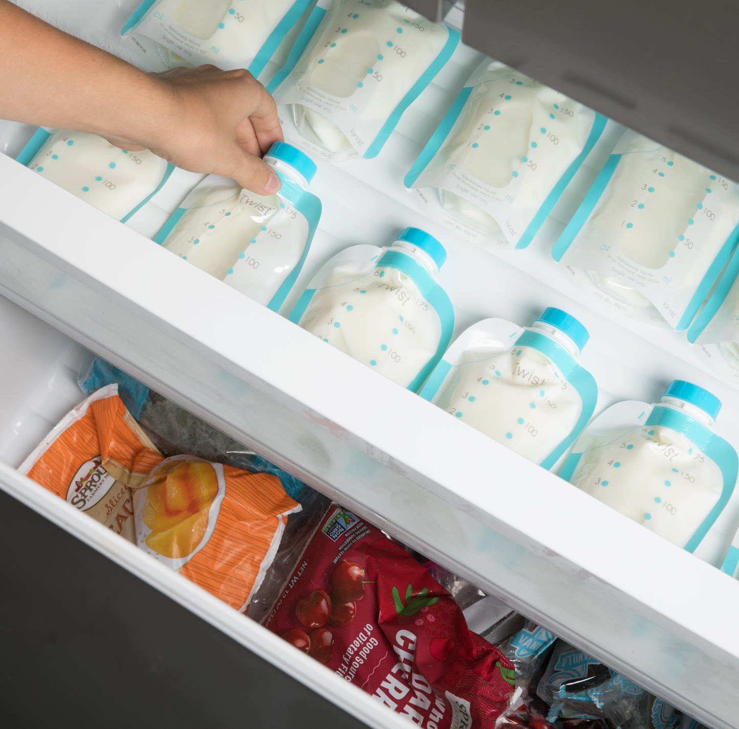 Breast milk storage bags in a freezer