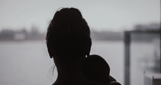 Silhouette of the back of a woman holding baby looking towards a gray landscape